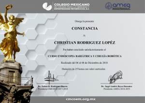 Curso Endoscopia Bariatrica y Cirugia Robotica - Dr. Christian Rodriguez Lopez Certification