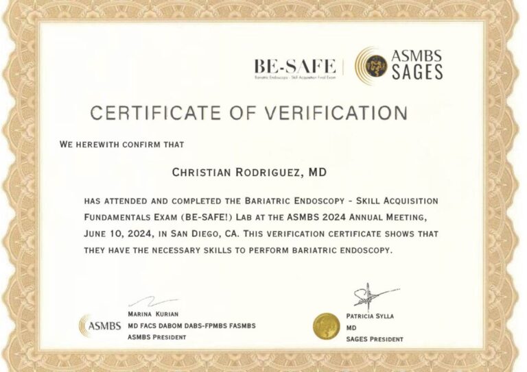 Dr. Christian Rodriguez Lopez ASMBS 2024 Certificate